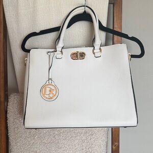 White Leather Tote HandBag with Gold Hardware